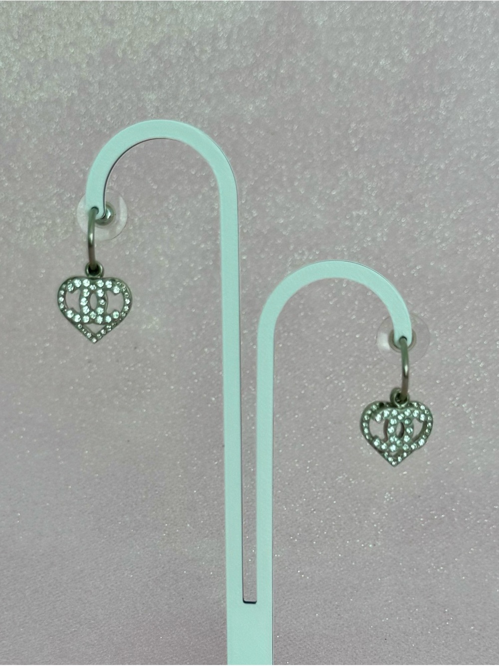 CHANEL CC Logo Heart Dangle Earrings Silver Tone Clear Pavé Rhinestone